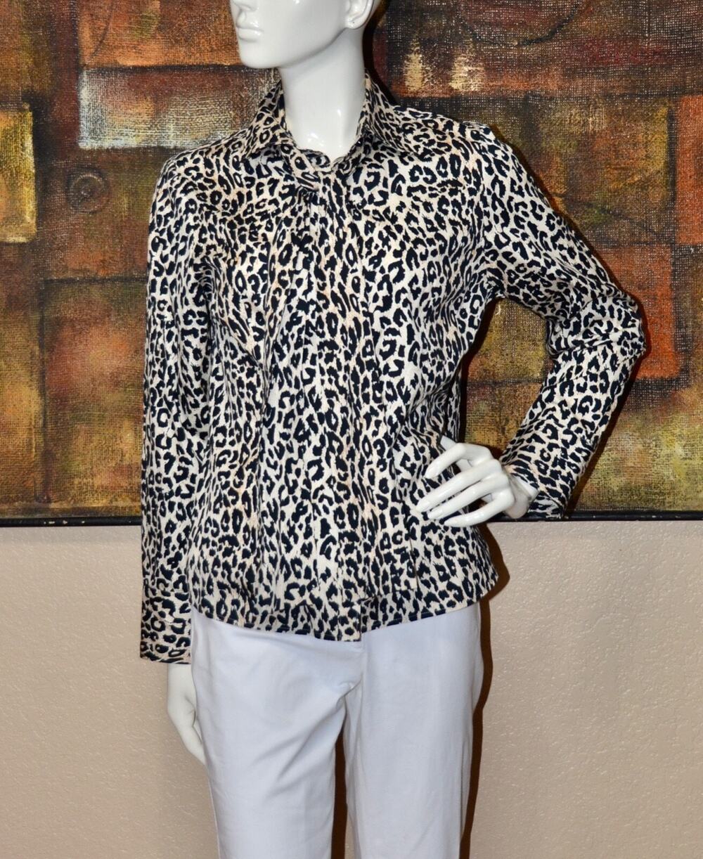 Designer Pink Tartan Leopard-Print Long Sleeve Bow Tie Button Blouse Size 8